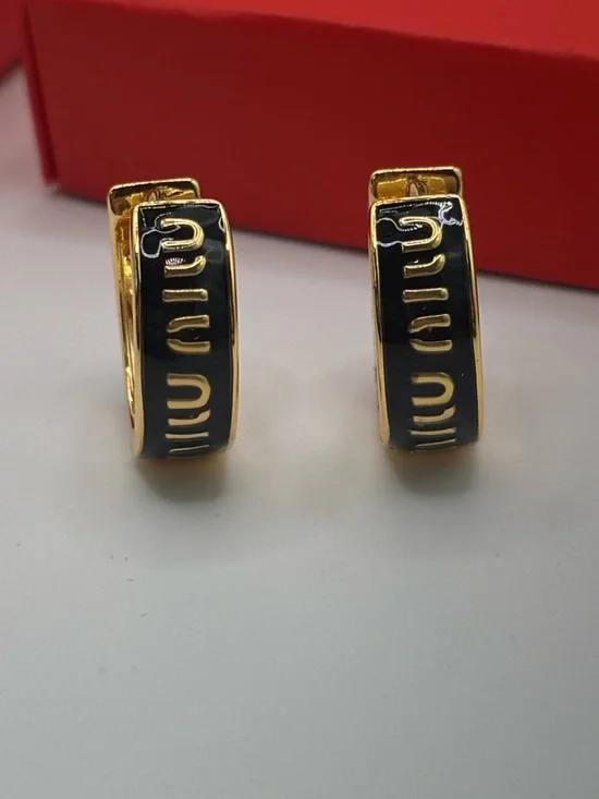 Luxury Designer Gold Tone Small Hoop Earrings Black Enamel Polished Logo Accent - Picture 2 of 15